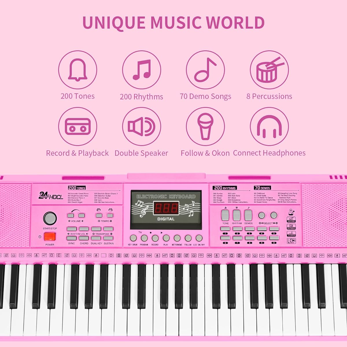 24HOCL 61 Key Premium Electric Keyboard Piano for Beginners with Built-in Stand and Dual Speakers/Microphone/Headphones/Stand/Display Panel