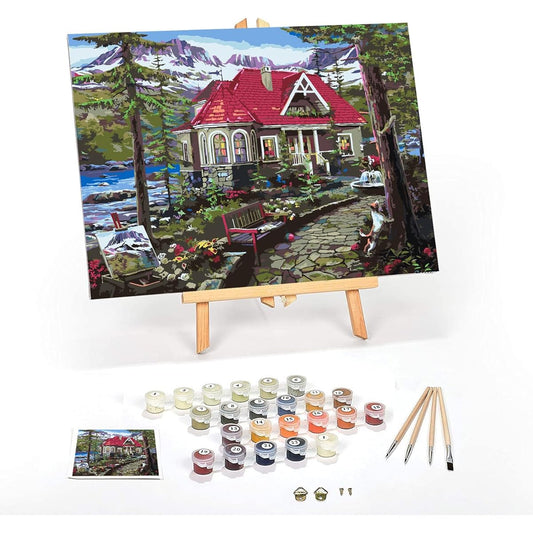 Ledgebay Paint by Number Framed Canvas for Adults: Paint by Number Kit for Beginners to Advanced Artists - Kit Includes Acrylic Paints, 4 Brushes and Tabletop Easel (Countryside House 12" x 16" Framed)