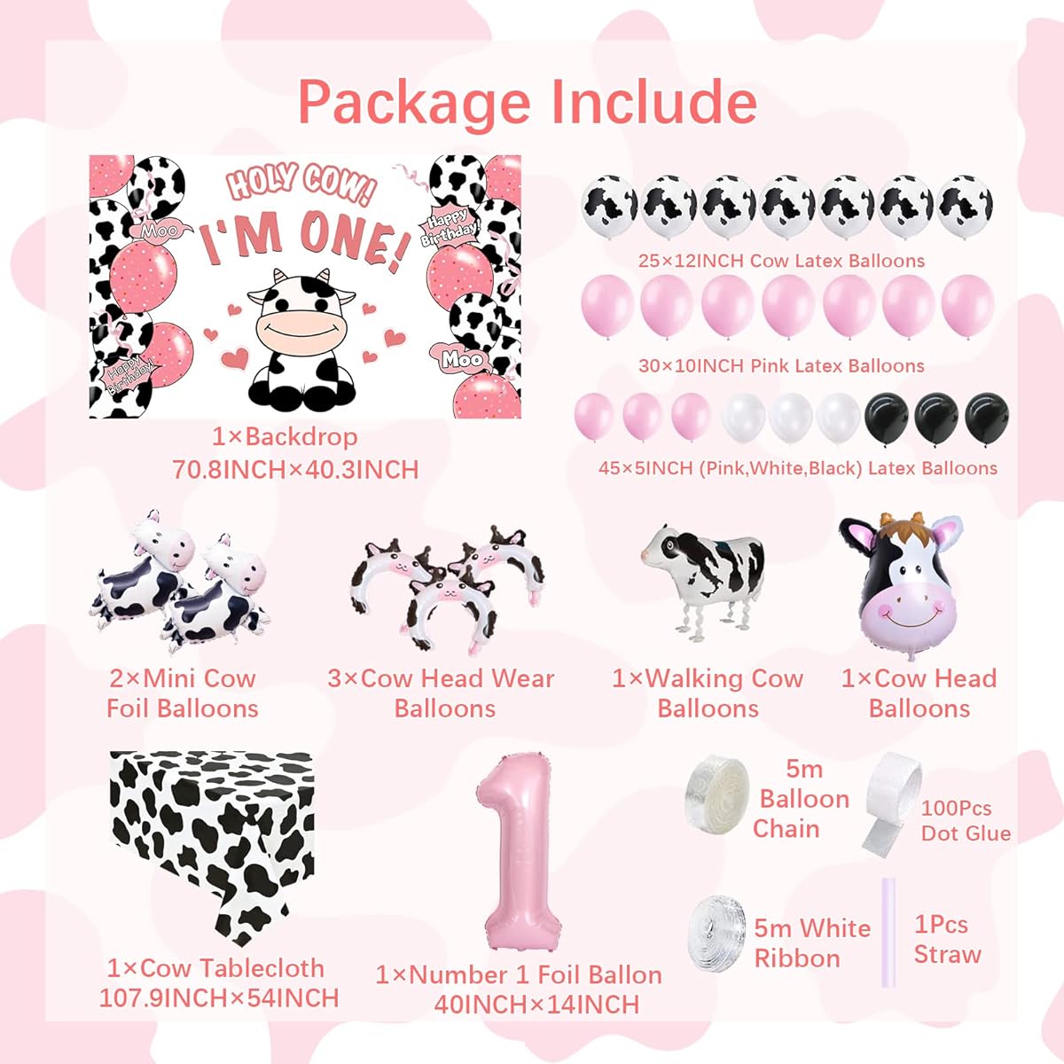 Roetyce Cow Happy Birthday Decorations, Holy Cow I'm One Birthday Decorations for Girls, Cow First Birthday Decorations for Girls Boys, Cow 1st Birthday, Cow Banner Balloons, Cow Themed Birthday Party Supplies