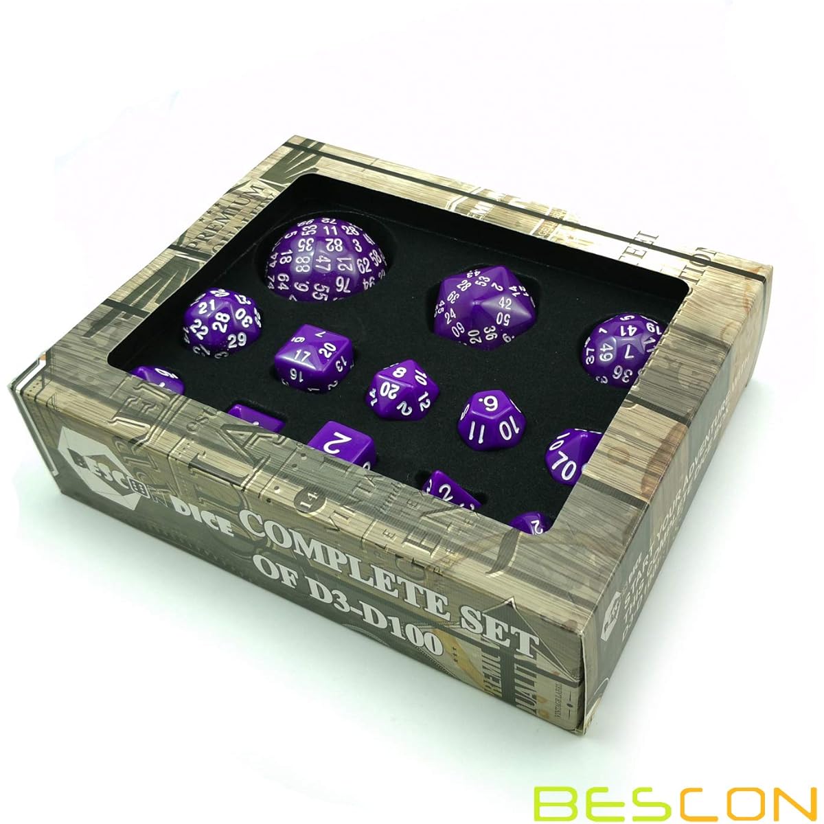 Bescon Complete Polyhedral RPG Dice Set 13 Pieces D3-D100 100 Sided Dice Set Solid Purple