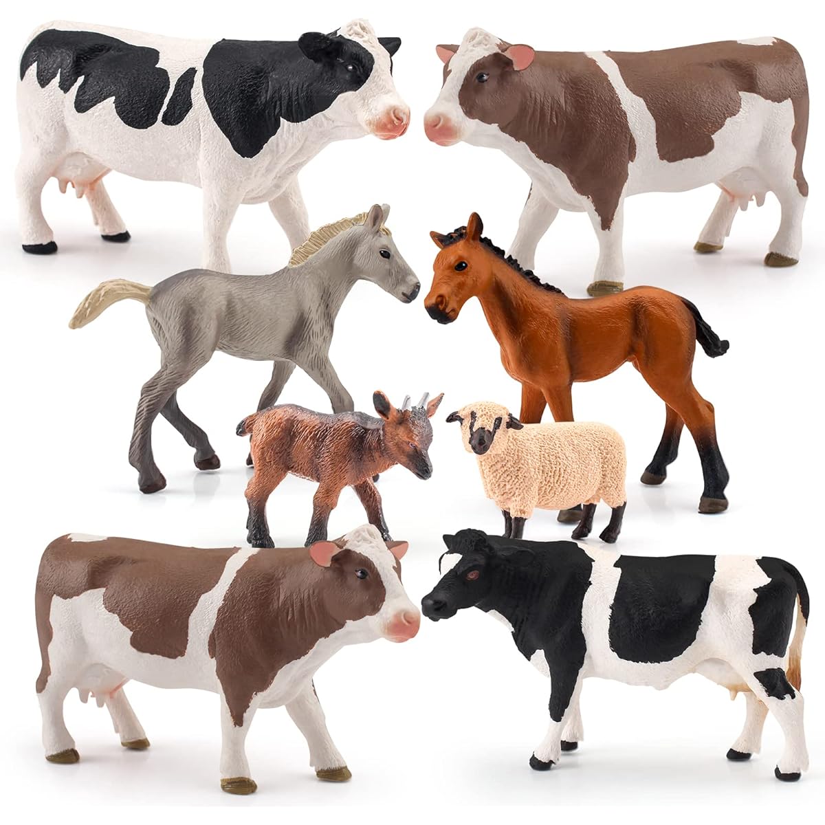 LC JoyCre Farm Animal Toys Playset Holstein Simmental Cow Figures for Toddlers Kids Goat Model Horse Figurines Birthday Party Collection 8pcs