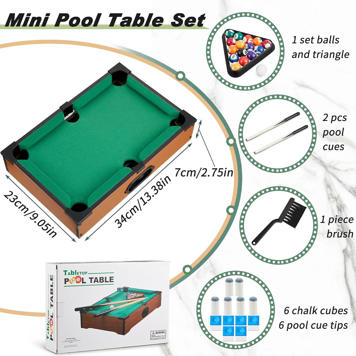 Shappy Mini Pool Table and Billiards Set, Little Cat Billiards Game with 16 Balls, 2 Billiard Sticks, 6 Chalk Cubes, 6 Pool Cue Tips, 1 Brush, Triangle Tabletop Portable Billiards for Home Office Desk Game