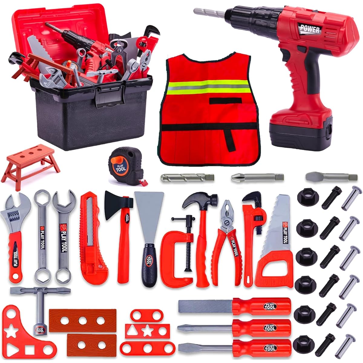 ONEFORISH Kids Tool Set - 50 Piece Toddler Tool Set with Kids Tool Box & Electronic Toy Drill, Tool Set for Toddlers Ages 3 4 5 6 7, Pretend Play, Kids Toy Tool Set, Baby Tool Set, Toys for Boys