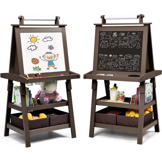 Costzon Kids Art Easel, 3-in-1 Double-Sided Wooden Easel with Magnetic Whiteboard, Chalkboard, Paper Roll, 2-Tier Rack and 2 Storage Boxes, Standing Easel for Kids Toddlers, Boys and Girls (Coffee)