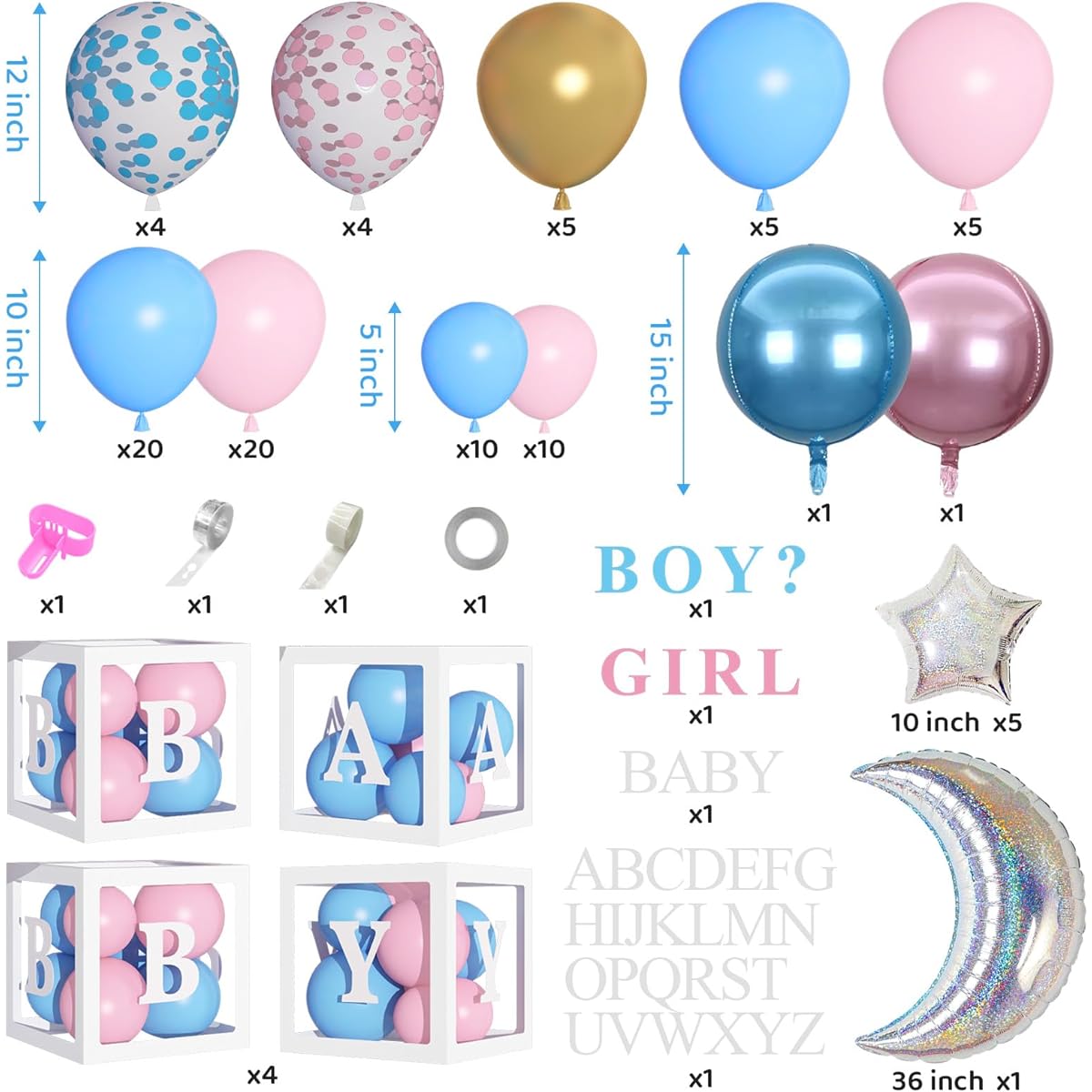 Baby Box Gender Reveal Balloon Decoration Kit, 137pcs Pink & Blue Balloon Arch with Baby Box Letters (A-Z+Baby) for Baby Shower, Boy, Girl, Gender Reveal Party Decorations, Birthday Supplies