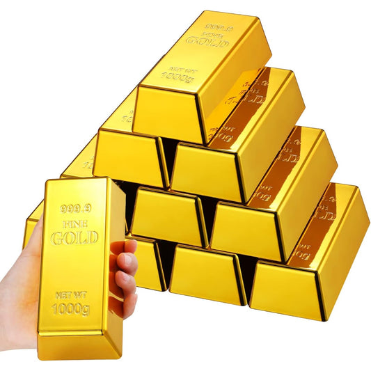 12 Pieces Faux Gold Bars Replica Gold Nuggets Glittering Bricks Decorative Movie Props Stage Decoration Halloween Pirate Party Supplies Funny Gift (6.5 x 2.9 x 2 inches)