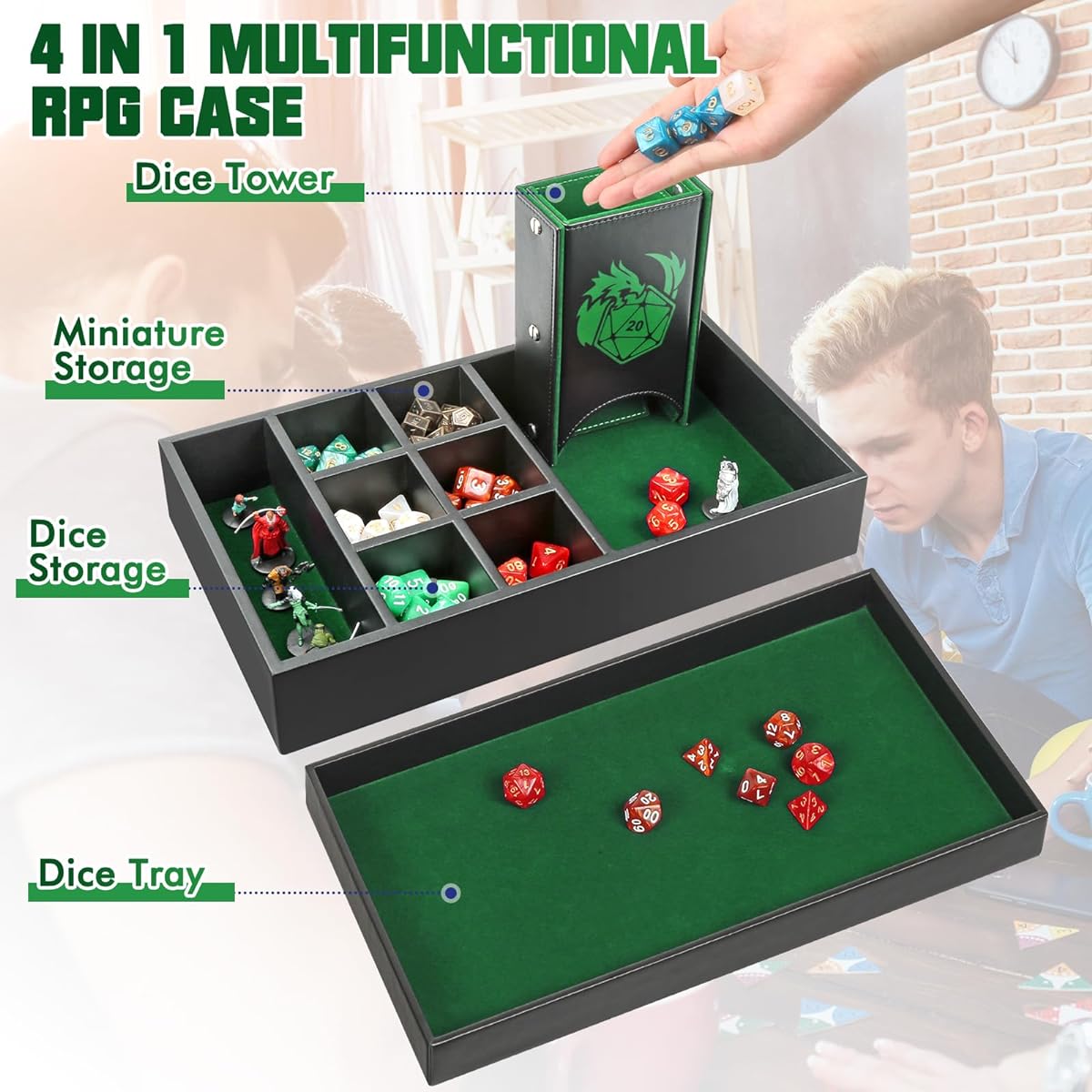Wunhunew DND Dice Tray & Tower Storage Box, 4 in 1 D&D Dice Holder Case (Dice Rolling Tray, Dice Roller Tower, Dice & Miniatures Storage), Great RPG Accessories Gifts for Dungeons and Dragons (Green)