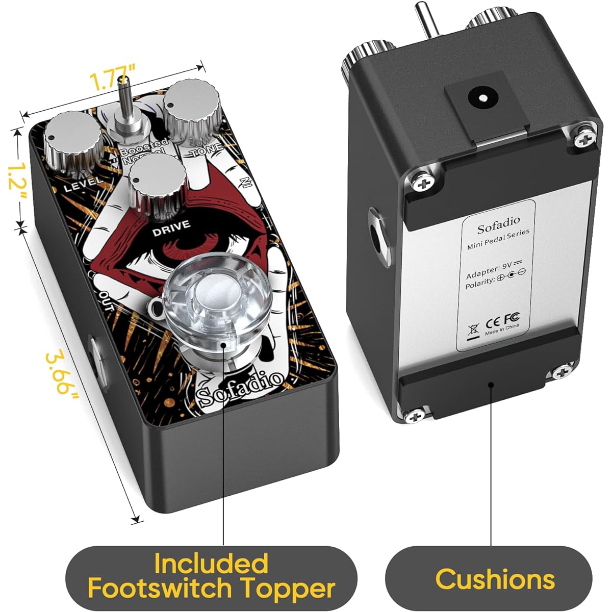 Sofadio Guitar Overdrive Pedal, True Bypass DC 9V Mini Single Effect Pedal for Electric Guitar