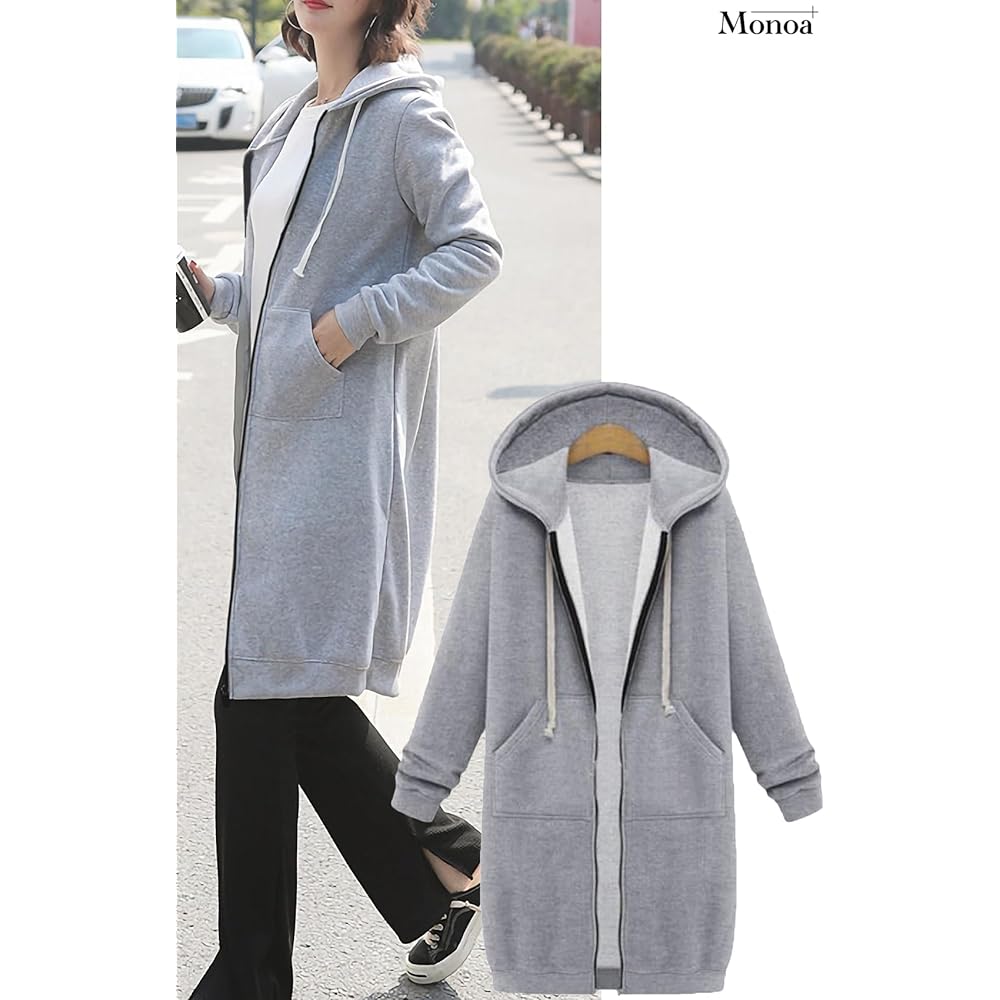 [Monoa] Parka, Long Sleeve, Brushed Lining, Long Length, Sweatshirt, Zip-up, Hooded, Outerwear, Women's, Fashion