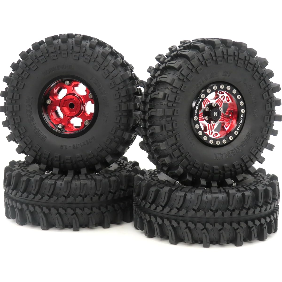 HOBBYSOUL 1.9 Tires 4.75" / 121mm & 1.9 Metal Beadlock Wheels Red Black 1.9 Wheels & Tires for 1/10 Mud Crawler Axial SCX10 Traxxas TRX-4 Redcat Gen8 Tamiay CC01 (4 Pack, Pre-assembled)