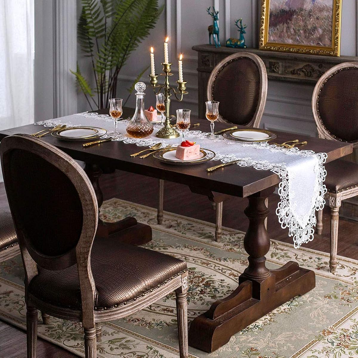 ARTABLE Rectangular Fabric Lace Table Runner Exquisite Macrame Embroidery Bridal Shower Wedding Party Decorations for Long Dinner Table (White, Table Runner 16" x 104")