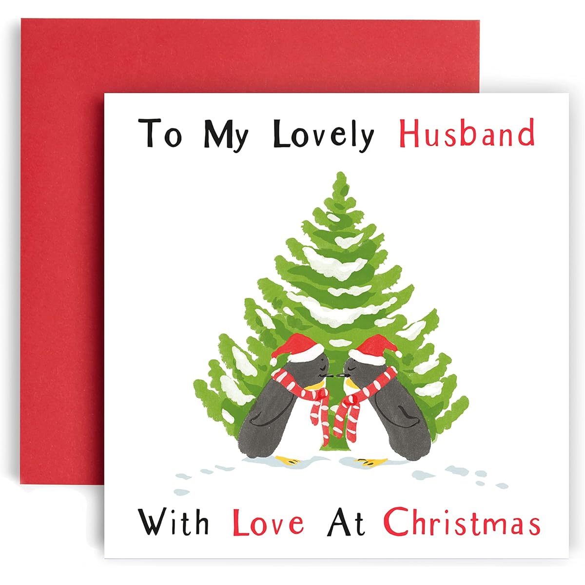 Huxters To My Lovely Husband Christmas Card for Husband – Penguin Christmas Card Love for Him– 14.8 x 14.8 Square – Blank Christmas Card Love, Wishes Wishes (Husband)