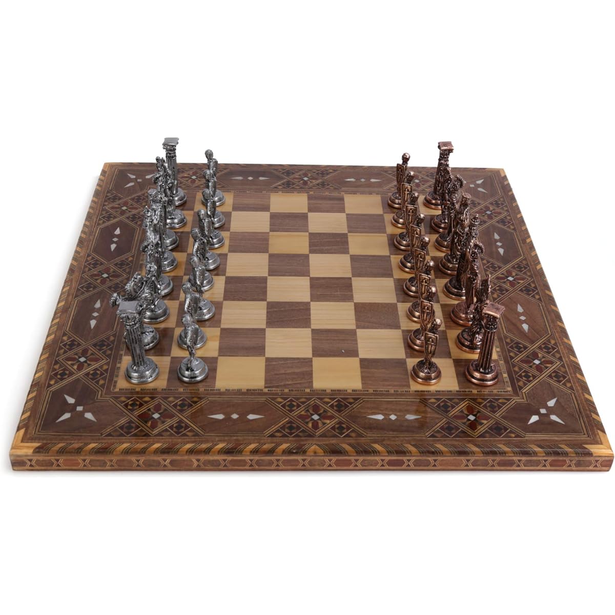 GiftHome Royal Medieval British Army Antique Copper Metal Chess Set for Adults with Handmade Pieces and Natural Solid Wood Chess Board with Original Pearl Around the Board, King 3.35 Inch