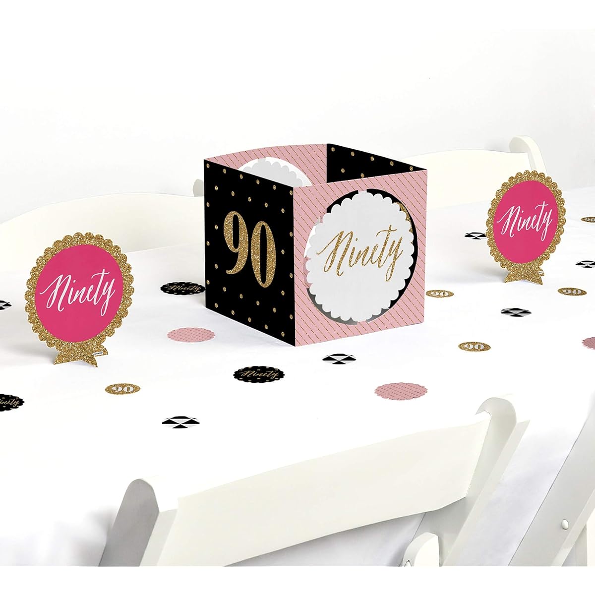 Chic 90th Birthday - Pink, Black and Gold - Birthday Party Centerpiece & Table Decoration Kit