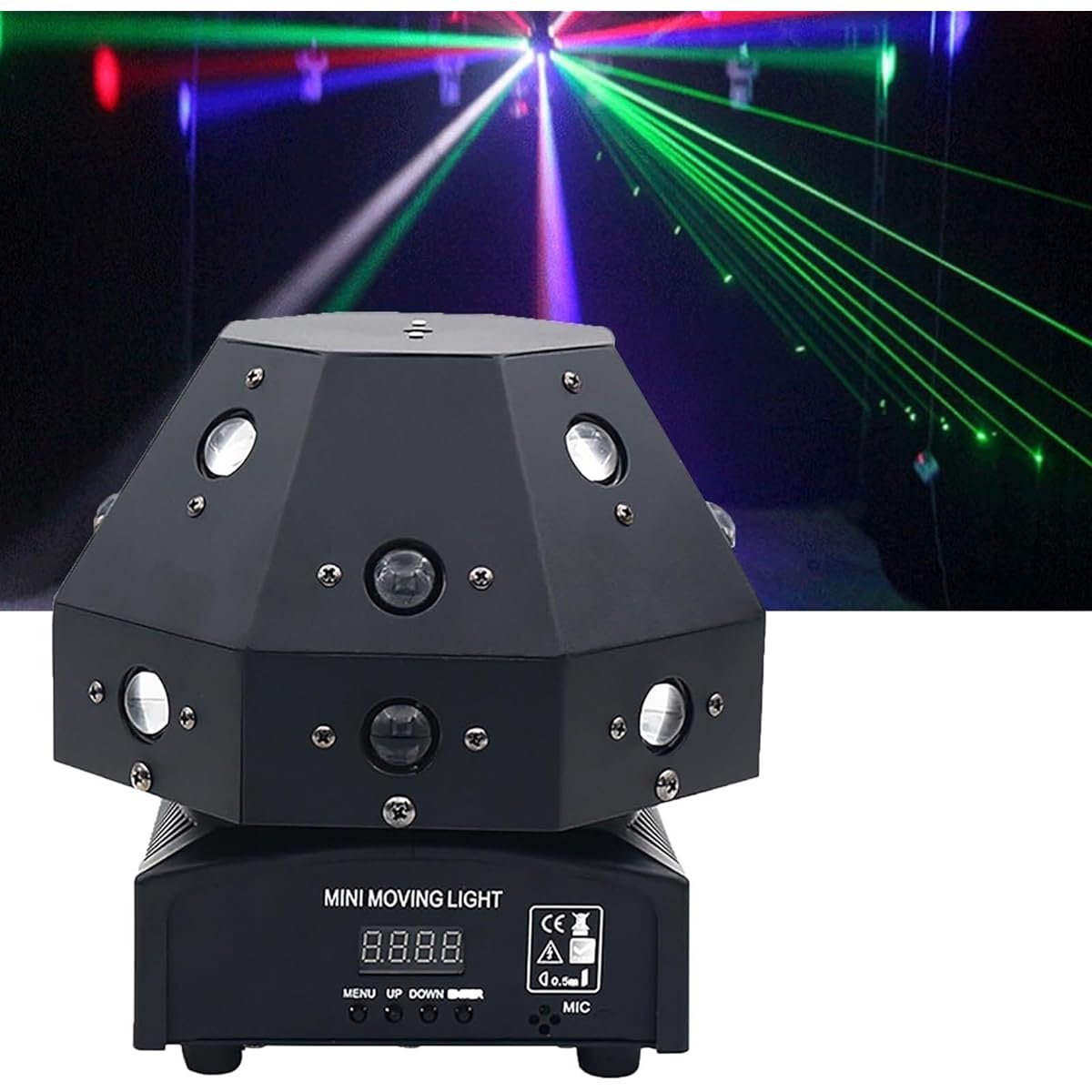 Stage lighting, 16 LED beads and green beam, voice control and DMX512 control, 360° rotation, 8 petals, vivid lighting effect