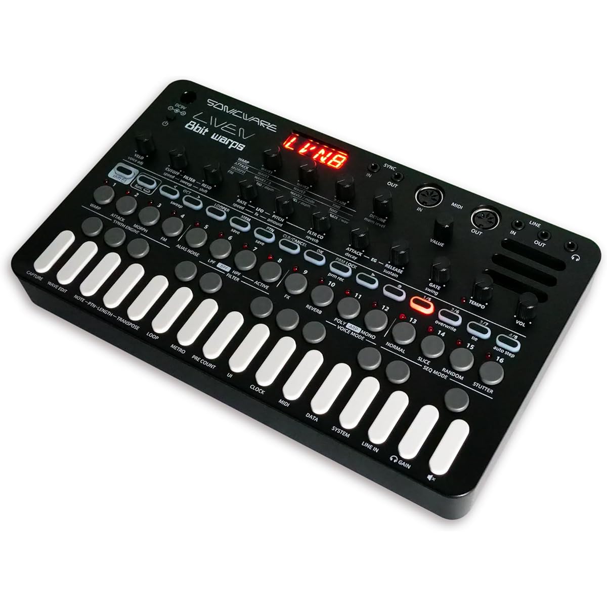 SONICWARE LIVEN 8bit warps [8bit synthesizer groove box] Step sequencer + 4 track looper, 6 voices, 11 effects, battery powered, built-in speaker
