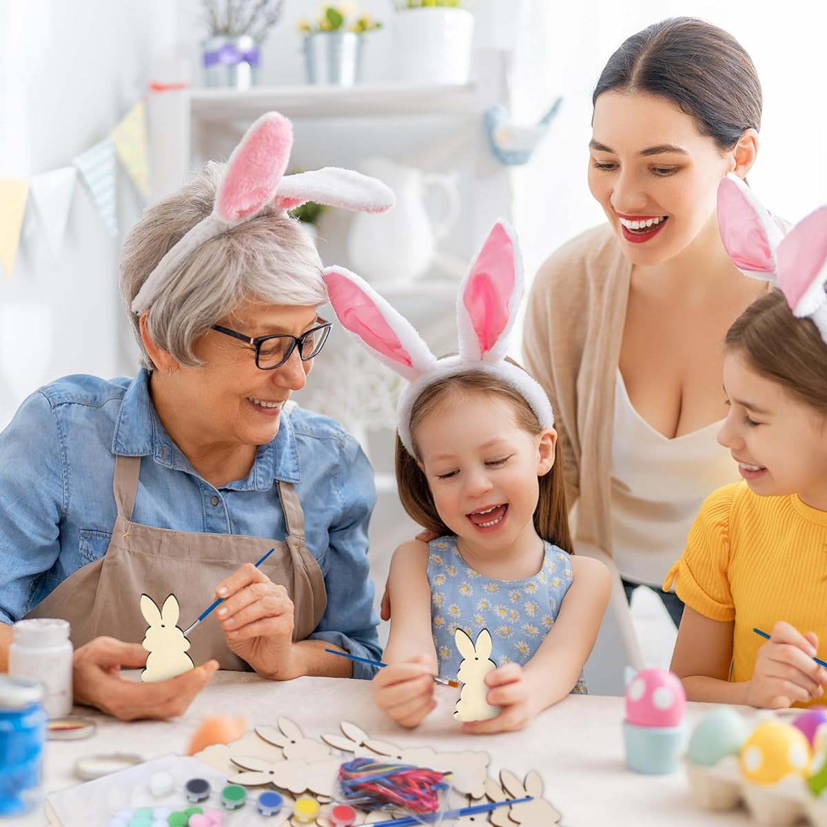 CINAFOOK 24 Pack Wooden Easter Bunny Crafts for Kids, Easter Rabbit Hanging Ornaments DIY Easter Arts & Crafts for Girls and Boys Art Projects, Easter Gifts, Party Decorations