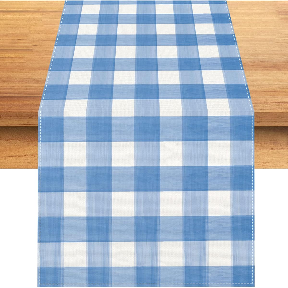 Linen Watercolor Blue White Buffalo Check Plaid Table Runner Gingham Tablecloth Farm Spring Summer Easter Home Kitchen Table Decoration - 13 x 72 Inches (Blue and White)