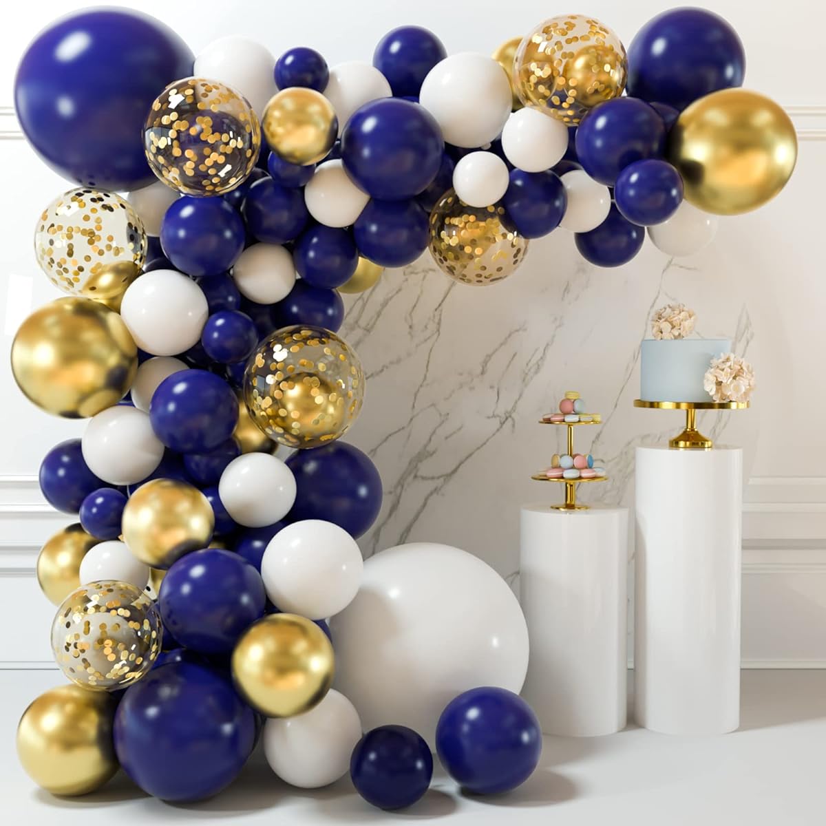 MIAHART 135 Pieces Navy Blue Gold Balloon Garland Arch Kit 5 10 12 18 Inch Royal Blue Gold Confetti White Balloons for Birthday Graduation Baby Shower Wedding Party Decorations