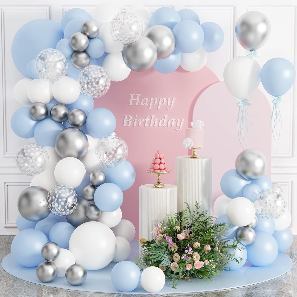 Baby Shower Decorations for Boys Blue Balloon Garland Baby Blue Balloon Arch Kit White Metallic Silver Confetti Balloons Wedding Bridal Shower Birthday Party Decorations
