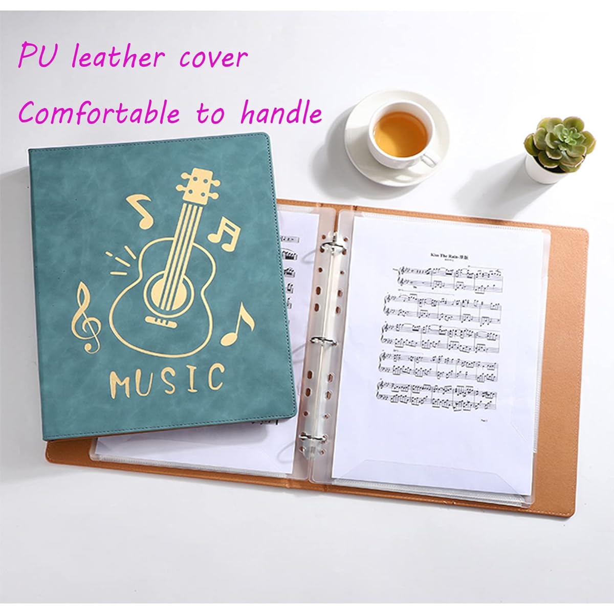 Music sheet folder, PU leather cover, sheet music folder storage, A4 size, 20 sleeves, 40 pages, writing, drawing, creating music and photo files, sleeve changeable, A3 sheet music storage possible
