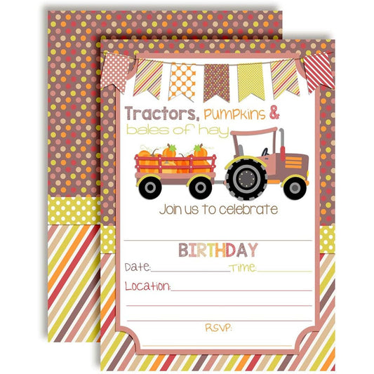 AmandaCreation Fall Tractor with Pumpkins Birthday Party Invitations for Girls, 5"x7", 20 Cards with White Envelopes