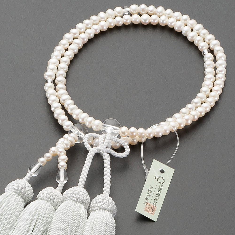 Buddhist altar shop Takita Shoten Prayer beads Jodo Shinshu authentic rosary beads for women Freshwater pearl (white) Genuine crystal made 8 inches Pure silk head tassel ]