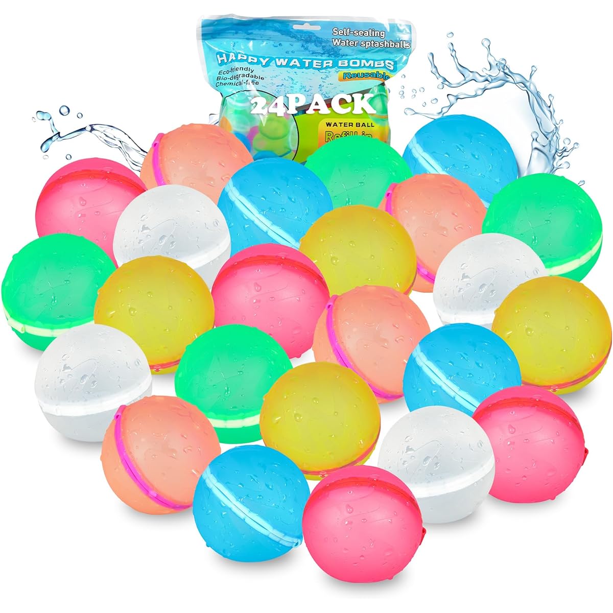Reusable Water Balloons for Kids Magnetic Water Balloons Quick Fill Self Seal Water Pool Kids Outdoor Toys Summer Backyard Fun Silicone (24 Pack)