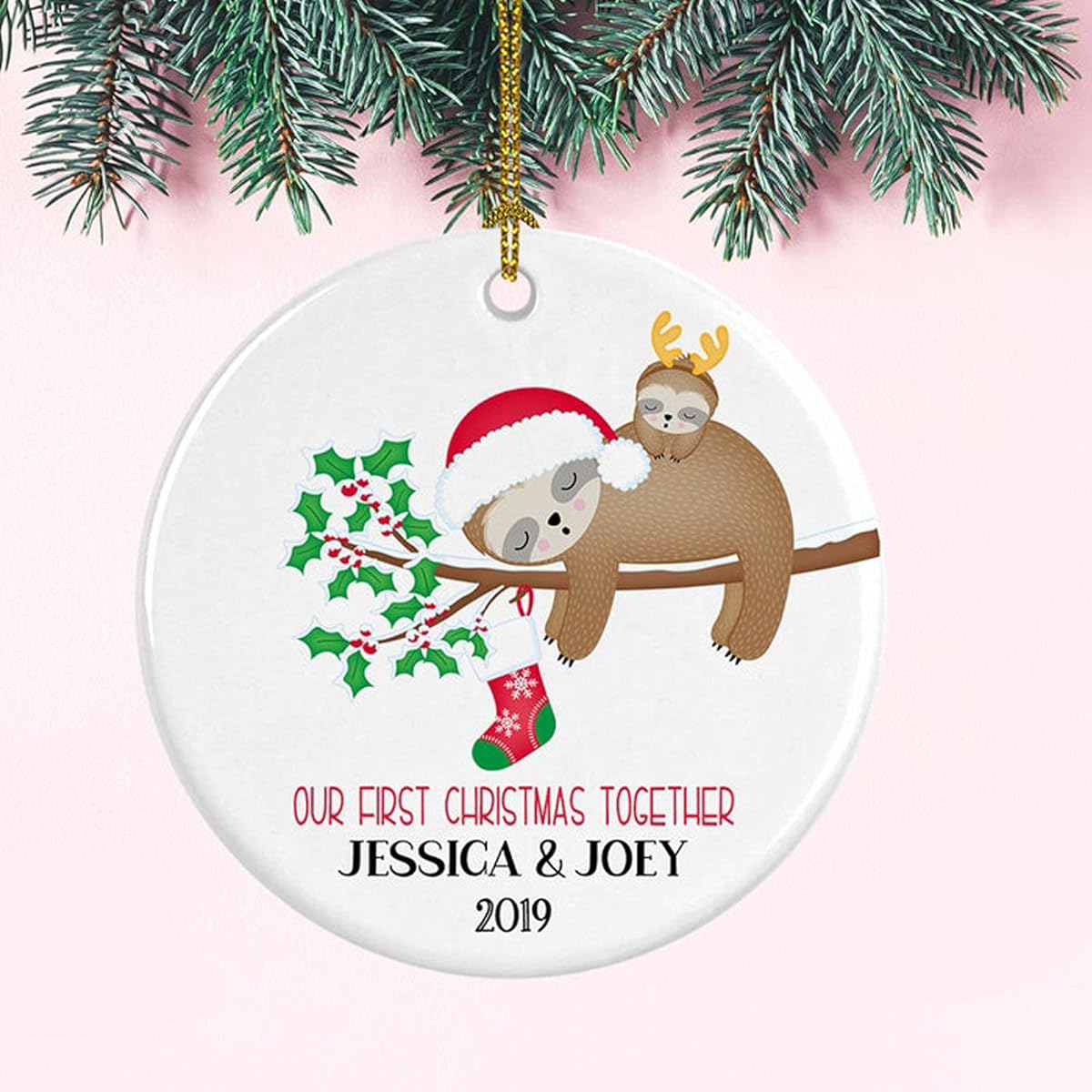 Personalized Brother Sister Ornaments Custom Sloth Sibling Ring Ornament Our First Christmas Together New Sibling Gift
