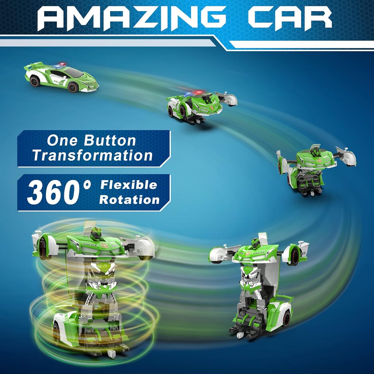 FDJ Remote Control Car - Transforming RC Car Robot 2.4Ghz 1:18 Scale Transforming Police Car RC Drift Car with Flashing Lights One Button Transformation 360 Degree Rotation Drift Car for Kids