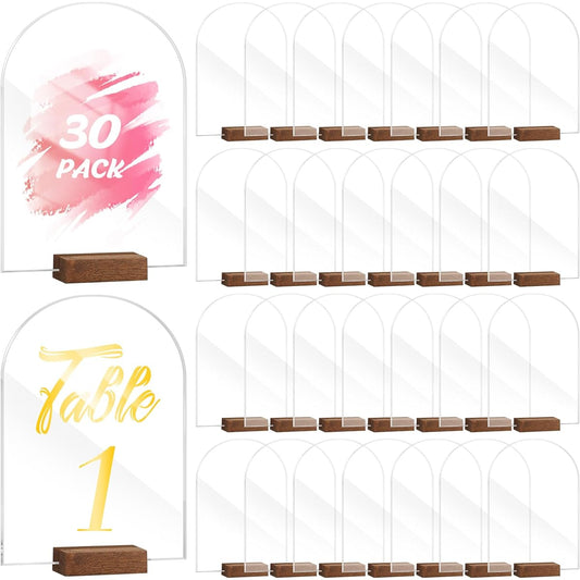 30 Sets 4 x 6 Inch Clear Arch Acrylic Sign with Wooden Base Holder Acrylic Table Number Sign Round Top Acrylic Blank DIY Wedding Sheet Table Centerpiece Wedding Event Party Restaurant Decor