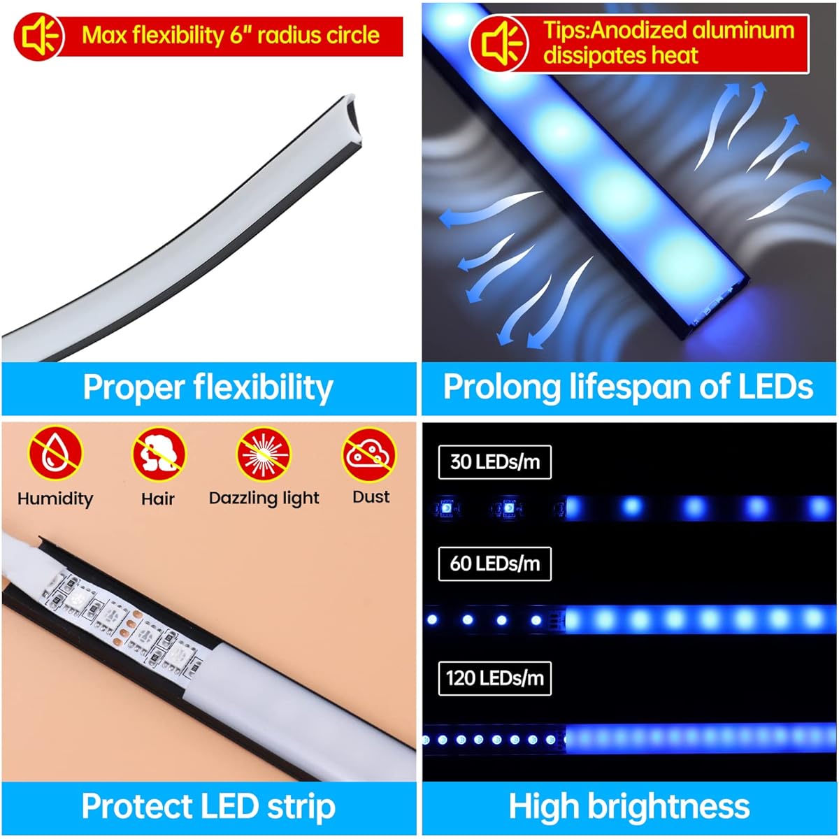 Muzata 6 Pack 3.3ft/1m Flexible Black LED Channel with Milky White LED Cover Lens Bendable Aluminum Profile Housing Track Anodized Curved Mount for Strip Tape Light U106 1M BW LB1