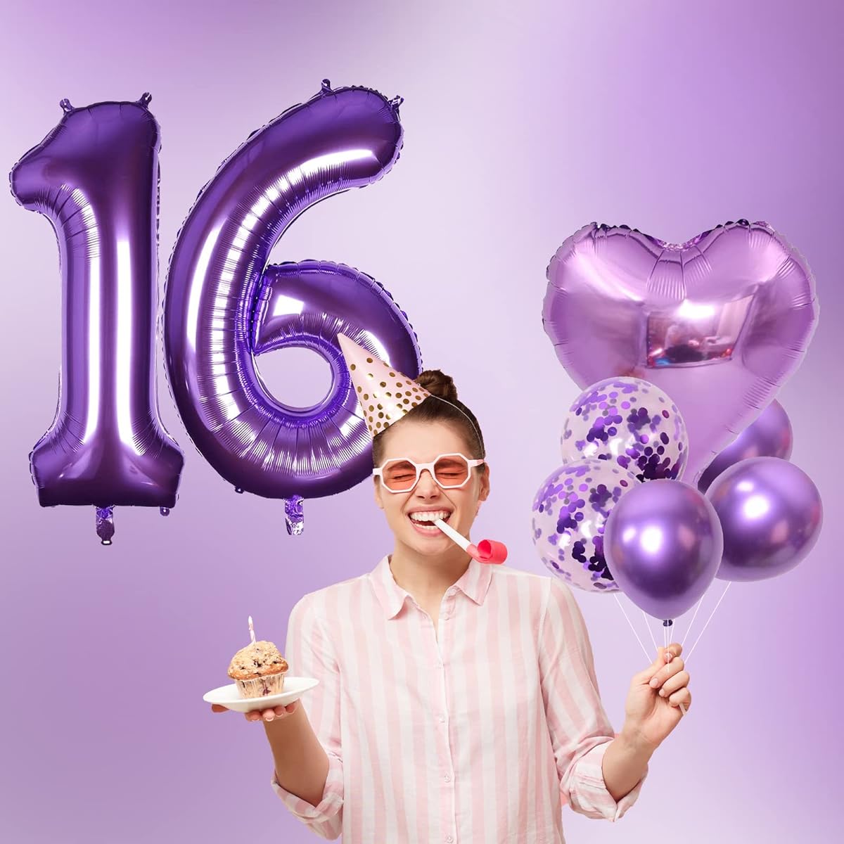 Sweet 16 Birthday Decorations for Girls, Happy 16th Birthday Decorations, Purple 40 Inch Number 16 Balloons, Purple Metallic Balloons, Purple Confetti Balloons, Heart Balloons