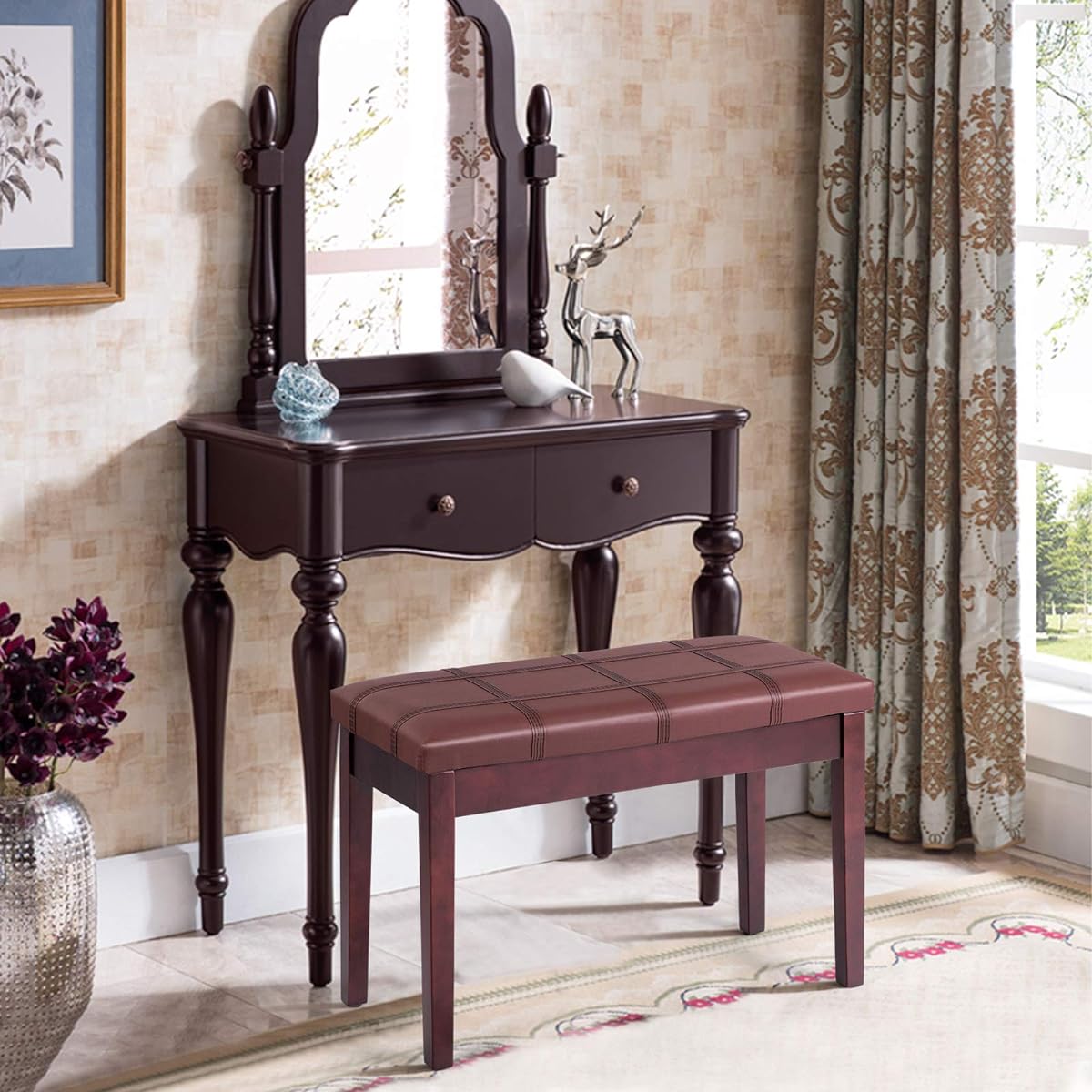 Giantex Wooden Duet Piano Bench with Padded Cushion and Music Storage, PU Leather Keyboard Seat Piano Stool with Sturdy Locking Hinges and Anti-Slip Pad, Perfect for Home Use (Brown)