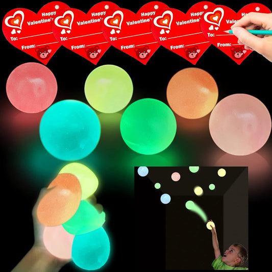 AMENON Valentine Glow Stress Balls for Kids Fidget Toys Party Favors Sealing Balls Luminous Sticky Balls 6 Colors with 24 Valentine's Day Cards for Kids Boys Girls Valentine Gifts