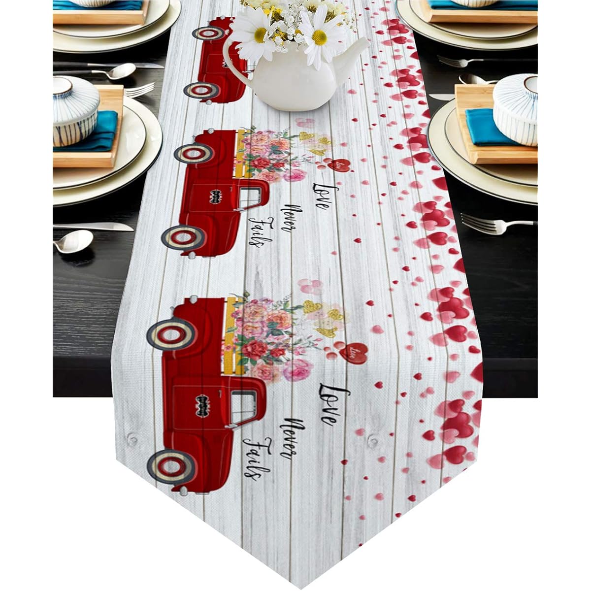 Triangle Table Runner for Party/Wedding, Happy Valentine's Day Red Truck with Roses on Retro Wood Board, Cotton Linen Cover Desk Flag for Dining Room/Kitchen, 13*90in=33*229cm