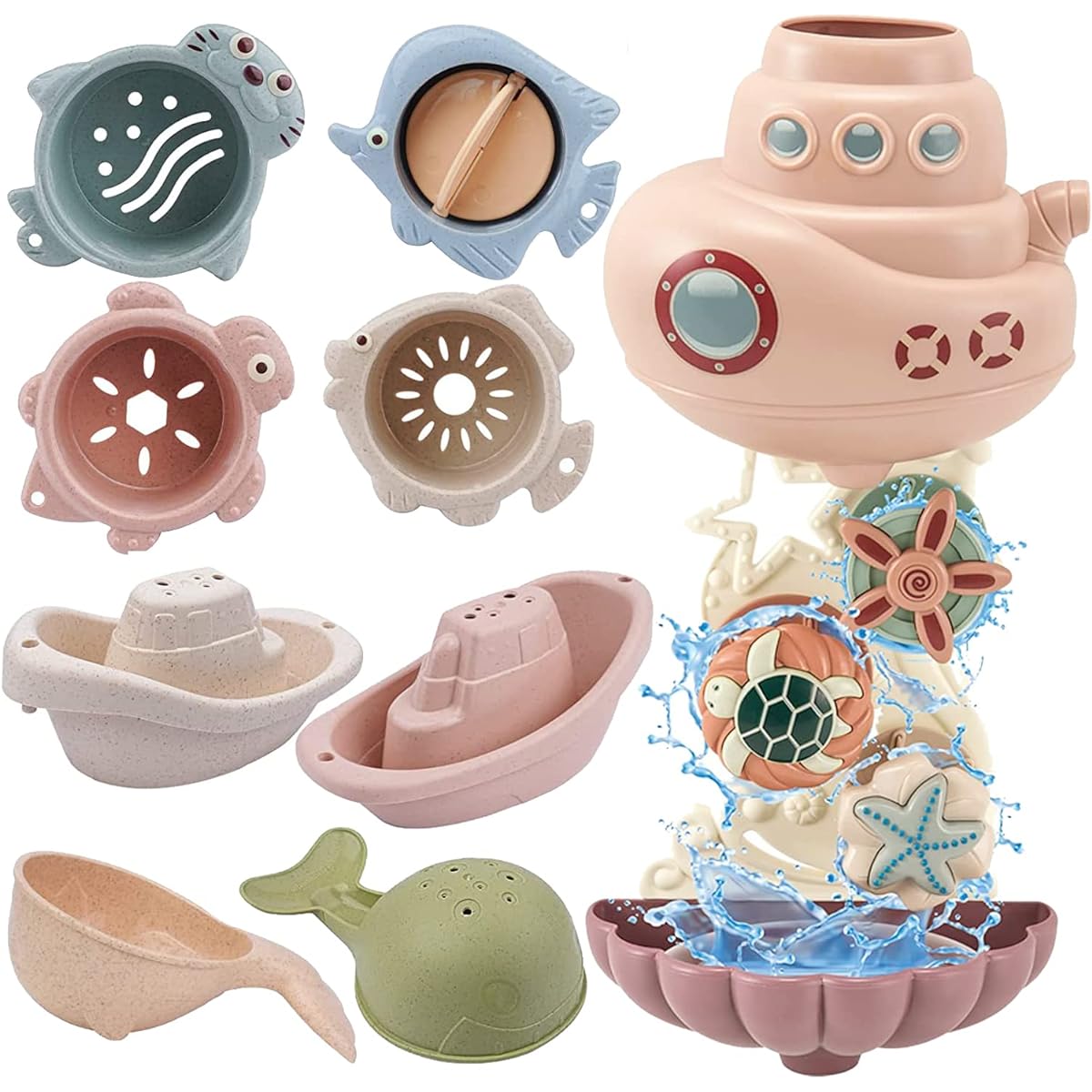 HCFJEH Bath Toys for Toddlers 1-3 Bathtub Toys for 2-4 Year Old Kids, Toddler Bath Toys with 4 Stackable Cups, 2 Boats and 2 Whale Sprinklers, Best Shower Toys for Boys and Girls 6-12 Months
