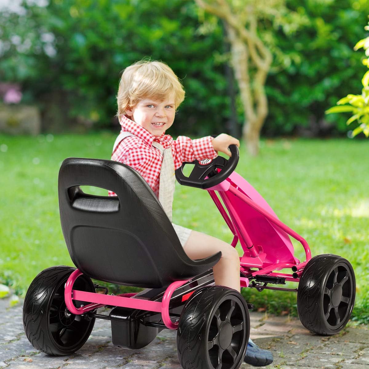 Costzon Pedal Go Kart for Kids, 4 Wheel Pedal Powered Ride-On Toy, Outdoor Racer, Kids Feet on Ride-On Car, Adjustable Seat, 2 Rubber Tires & Brakes, for Boys and Girls, Ages 3-8 (Pink)