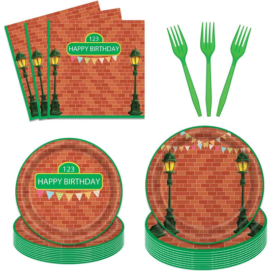 96 Pieces Red Brick Wall Street Party Supplies Tableware Set for 24 People Cartoon Sesame Party Paper Plates Napkins Decorations Birthday Party Decorations for Kids Boys Girls