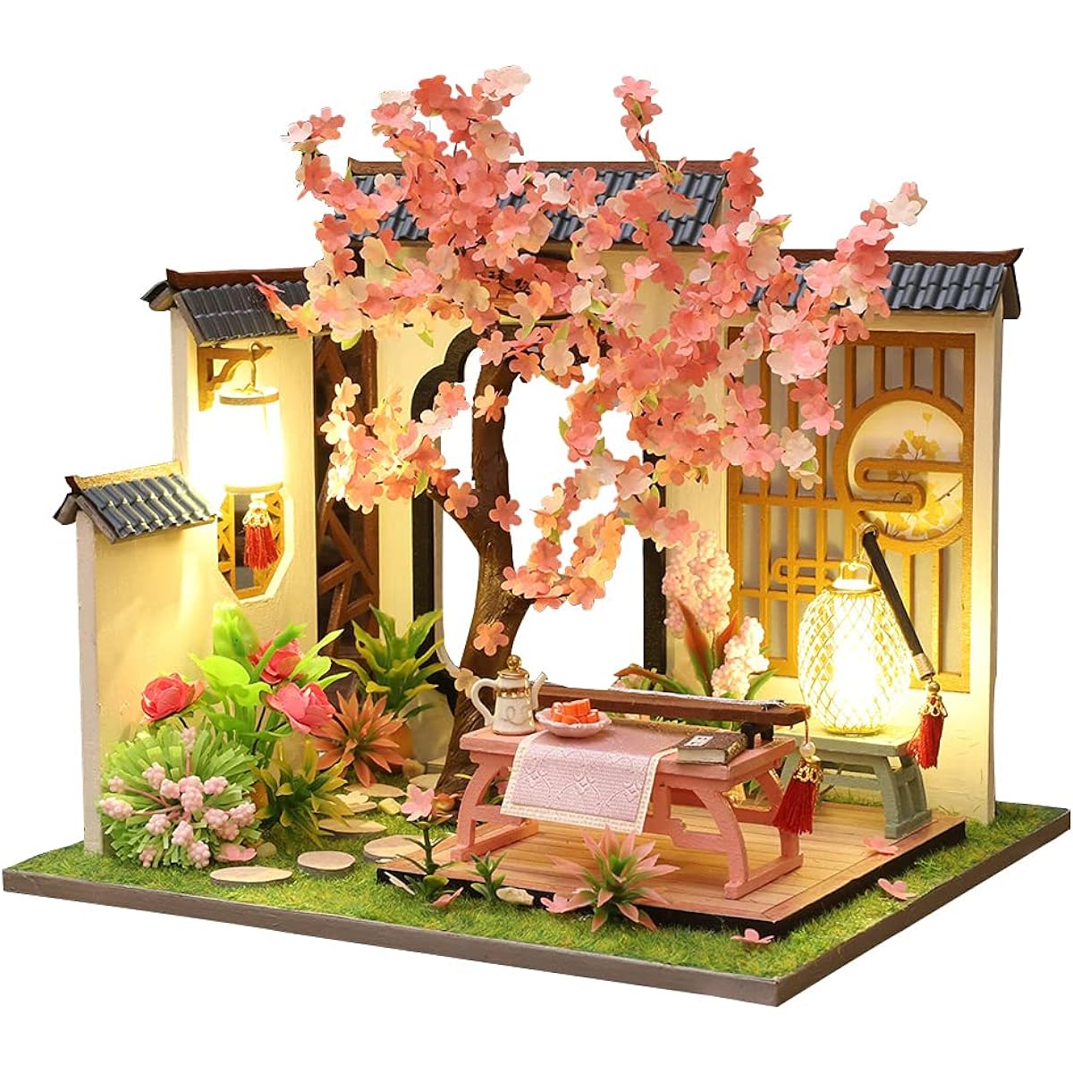 Montidey Chinese Style Root Play Chess Calligraphy Painting Wooden Miniature Dollhouse Kit with Furniture DIY Antique Courtyard Model Dollhouse Puzzle Craft Gift (Root Play)