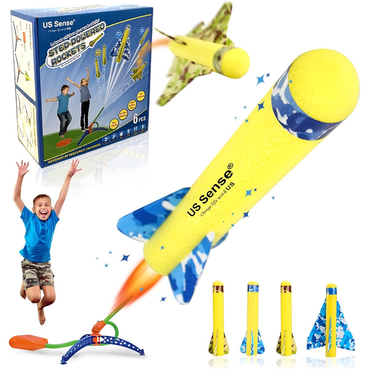 US Sense Toy Rocket Launcher for Kids Stomp Rocket Set - 2 Glider Planes + 4 Foam Rockets + Adjustable Stomp Launcher Stomp Rocket for Kids Ages 5 6 7 8 12
