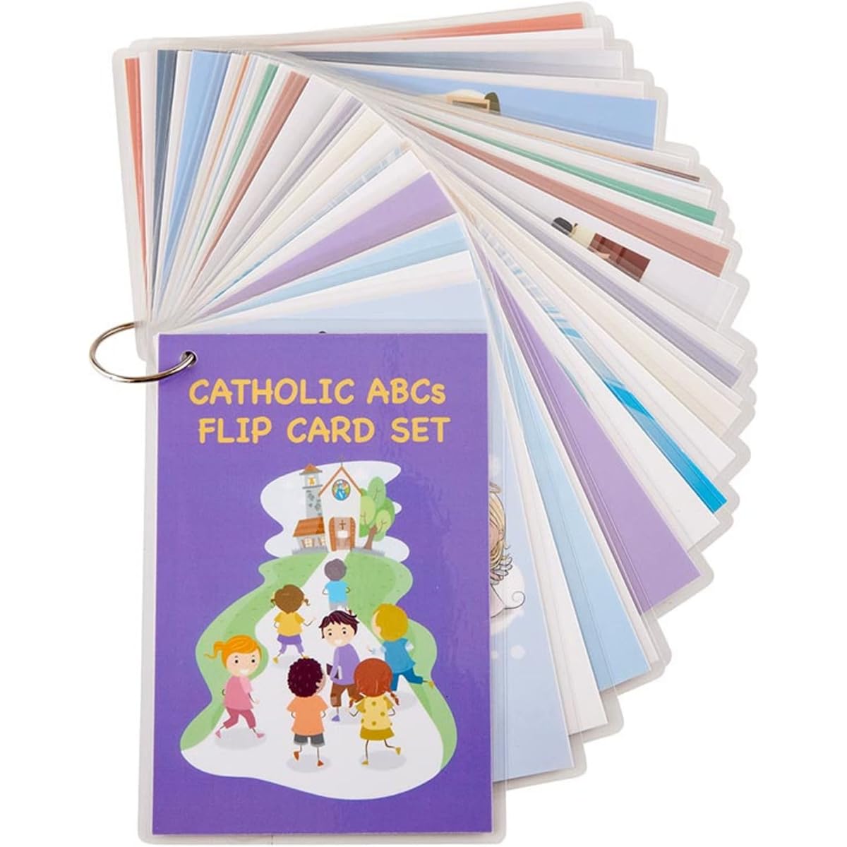 Catholic ABC Jumbo Flip Cards with Keyring, Educational Flash Card Set for Religious Boys or Girls, On the Go Activity, 54 Pack