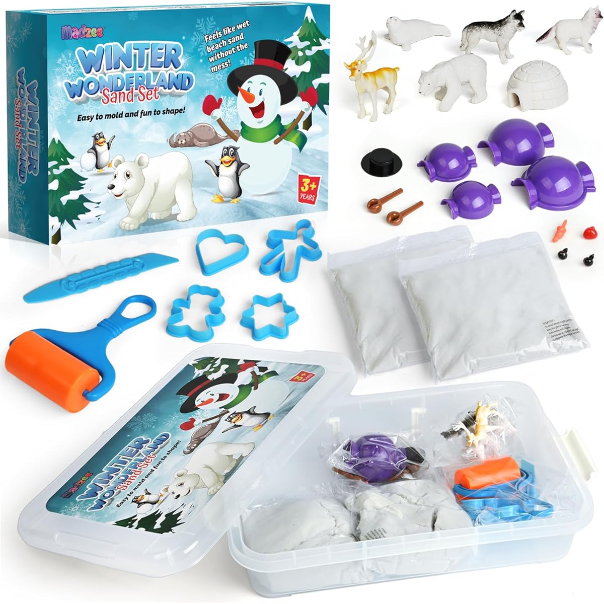Madzee Winter Wonderland Snow Sand Playset Creativity Toy Sensory Bin with Arctic Animal Figures, 2lb Sand and Snowman Mold for Boys Girls Kids Toddlers 3-8 Years Old, MT7490, White