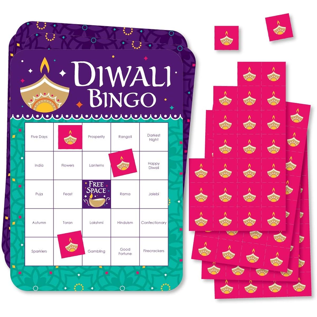 Big Dot of Happiness Happy Diwali - Bingo Cards and Markers - Festival of Light Party Bingo Game - Set of 18