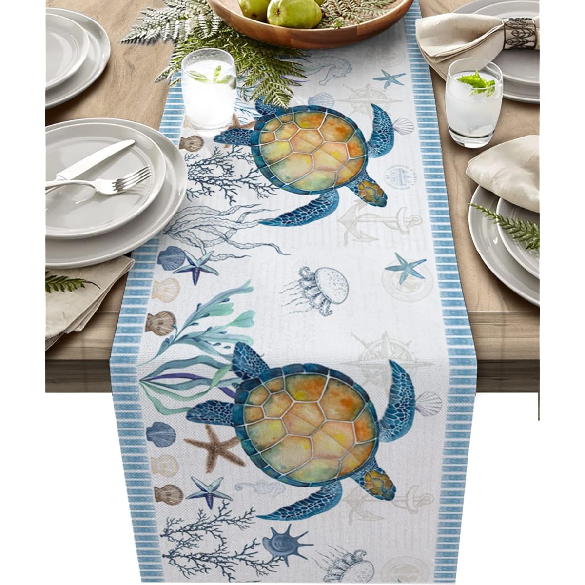 Ocean Turtle Table Runner 48" Long - Summer Beach Blue Starfish Seashell Coral Anchor Kitchen Dining Burlap & Cotton Table Runner Small Round Square for Wedding Coffee Dining Table Party Home Decoration