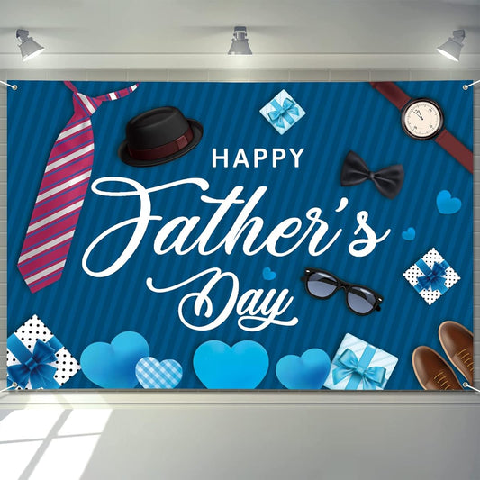 Arosche Large Father's Day Banner Decoration 72" x 48" Happy Father's Day Background Blue Heart Gift Thai Party Supplies Gift Photo Background for Indoor/Outdoor/Garden/Home Decor