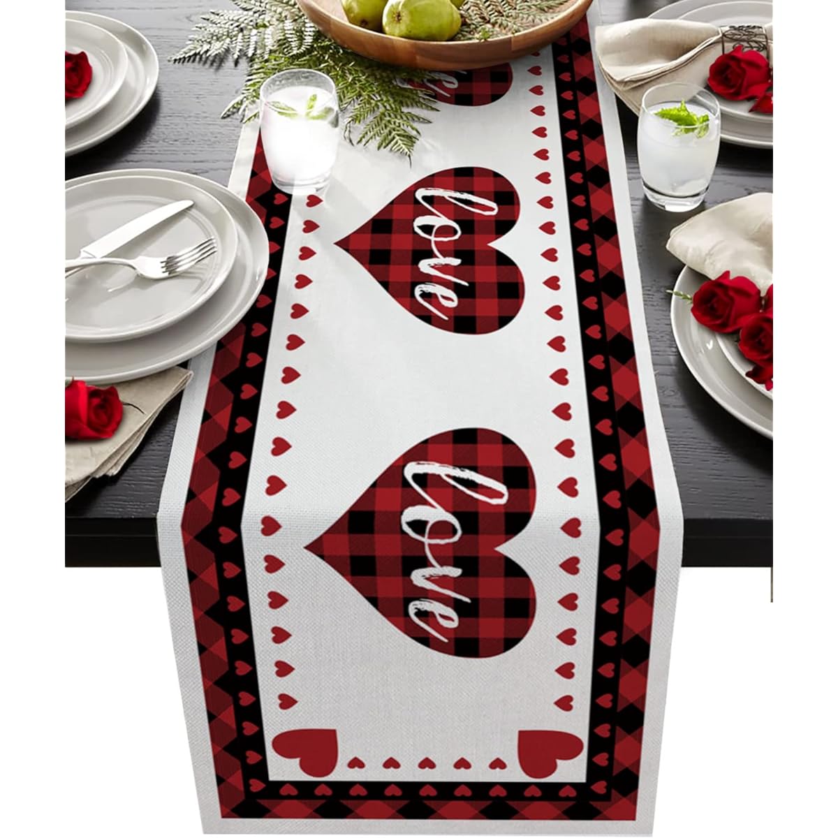 EZON-CH Burlap Table Runner Decorative Valentine's Day Love Plaid Table Runner Rectangle Non-Slip Farmhouse Wedding Party Holiday Dinner Home 13" x 90" Long