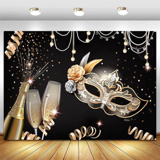 7x5ft Masquerade Party Backdrop Black & Gold Confetti Photo Banner Decoration Champagne Birthday Party Mask Prom Dance Party Photography Backdrop