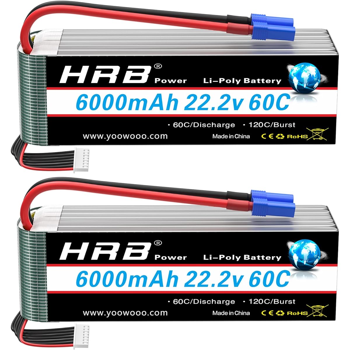 HRB 6S 6000mAh LiPo Battery EC5 60C 22.2V RC LiPo Battery for RC Helicopter Airplane Car Boat Truck (2 Pack)