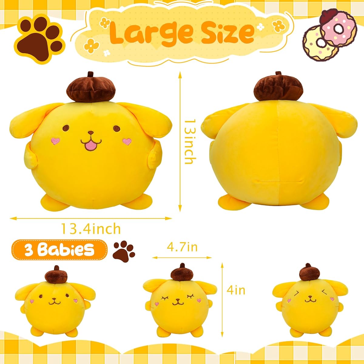 13" Pom Pom Pudding Plush Toy with 3 Babies Cartoon Anime Stuffed Animal Toy Pillow Doll for Kids Girls Boys Birthday Room Decor